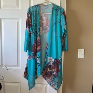 Turquoise floral Open front swim coverups kimono long cardigan